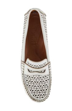 Laser-cut detailing and a classic penny keeper lend visual intrigue to a rich leather loafer fitted with optimal cushioning and set on a sturdy driving sole. Removable, cushioned insole with arch support Leather upper and lining/synthetic sole Made in Turkey White Slip-on Loafers With Perforated Toe Box, White Leather Flats With Perforated Toe Box, Elegant White Loafers With Leather Footbed, Elegant White Loafers, White Slip-on Loafers With Leather Footbed, White Leather Slip-on Loafers, White Calf Leather Loafers For Spring, White Leather Moccasins With Leather Footbed, White Leather Moccasins