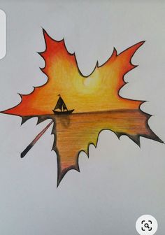 a drawing of a leaf with a boat on it