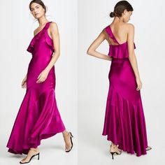 Galvan London Flora Asymmetrical Gown Maxi Dress Size: 4 New With Tags In Excellent Condition From A Smoke And Pet Free Home Solid Magenta Pink Satin Sleeveless With One Shoulder Asymmetrical Ruffle Skirt Ruffle Chest Concealed Side Zipper Lined Bust: 28.5" Waist: 25" Hip: 27.5" Length: 56" Fabric: 73% Acetate, 27% Viscose Item # Glv23052 Stunning / Statement / Silky / Cocktail / Event / Party / Special Occasion / Dinner / Evening / Date / Colorful / Elegant / Sophisticated / Designer / Luxury / Chic Purple Evening Gown, Purple Asymmetrical Evening Dress, Asymmetrical Purple Evening Dress, Asymmetrical Ruffled Evening Dress For Wedding, Asymmetrical Ruffle Evening Dress For Wedding, Asymmetrical Ruffled Wedding Evening Dress, Chic Purple Floor-length Gown, Elegant Purple Asymmetrical Dress, Purple Ruffled Gown For Formal Occasions