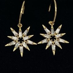 These Wildly Elegant Star Earrings Have Individual Crystals Set Into A Layered Star Design That Is Just Spectacular! The Sparkly Stars Hang From A Gold Tone Hoop, With A Total Drop Of 2” From The Ear (The Stars Are 1” From Top To Bottom. The Crystals Are Extremely Light Refractive, And The Earrings Are Hypoallergenic.