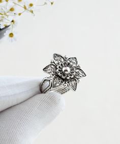 925 Sterling Silver Filigree Lily Women Ring, Handmade Floral Filigree Lotus Art Nouveau Statement Ring, Nature Flower Cocktail Ring Gift Birthday gift, silver gift for mom, flower gift ring, stylish flower ring, daffodil ring gift, one of a kind ring, gift for ladies ring Material: 925 Sterling Silver ( NICKEL FREE ) FREE, FAST AND TRACKABLE SHIPPING FOR ALL EU COUNTRIES AND USA. This artisan crafted band ring add a bold fashion statement to any look. The handcrafted designs that make a beautiful fashion statement. Bold fashion jewelry. This vintage band ring, original, and stylish luxury jewelry is perfect for wearing at parties, festivals and everyday life. COMES WİTH VELVET POUCH AND LUXURY GİFT BOX. Makes a great silver band gift: Beautiful jewelry to give for every occasion. The perf Silver Engraved Flower Ring Gift, Intricate Design Flower Toe Ring For Gift, Traditional Handmade Flower Ring As Gift, Silver Filigree Flower Ring As Gift, Silver Filigree Flower Ring Gift, Bohemian Flower Ring With Intricate Design For Gift, Traditional Flower Ring With Intricate Design Gift, Traditional Flower Ring With Intricate Design For Gift, Traditional Flower Ring With Intricate Design As Gift