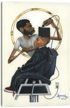 a drawing of a man getting his hair cut by another man in a barbershop