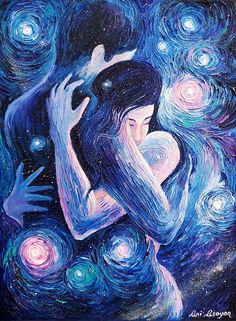 a painting of a woman holding her hand up to the stars