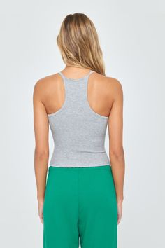 So fitting. A Crop length, fitted, narrow scoop neckline tank with interior bra layer. Made in our light and fluid signature Slim Rib fabric, which offers maximum flexibility, softness, and breathability with compressive support. | Remi Rib Crop Tank Top in Heather Grey Tank Top With Built-in Bra For Loungewear, Casual Tank Top With Built-in Bra And Scoop Neck, Medium Support Camisole Tank Top With Built-in Bra, Everyday Racerback Tank Top With Built-in Bra, Casual Tank Top With Built-in Bra And Medium Support, Fitted Racerback Crop Top With Built-in Bra, Everyday Racerback Tops With Built-in Bra, Basic Seamless Tank Top For Loungewear, Fitted Athleisure Tank Top With Built-in Bra