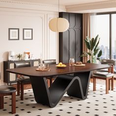 a dining room table with chairs and a potted plant next to it in front of a large window