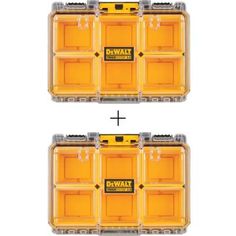 two yellow tool boxes sitting next to each other on top of a white background with the words dew tools