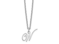 Rhodium over sterling silver polished finish letter "W" initial necklace with 18-inch long cable chain and lobster claw clasp. Pendant measures approximately 7/16"L x 3/8"W. W Necklace, Letter W, Cable Chain, Initial Necklace, Initials, Chain, Sterling Silver, Pendant, Silver