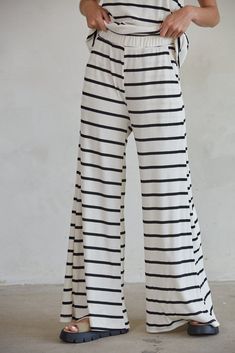 high waist black striped knit pants - trendy loungewear Boat Day, Sailor Stripes, The Sailor, Comfy Pants, Ribbed Tank, Striped Knit, Stripes Design, Stretchy Material, Get Ready