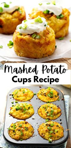 mashed potato cups recipe with green onions and sour cream on top, in a muffin tin