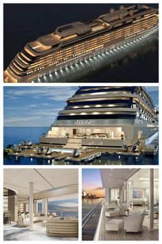 four different views of a cruise ship at night and in the day, from top to bottom