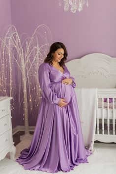 Looking for the perfect dress for your upcoming maternity photo shoot? Look no further than this stunning maternity dress that will have you feeling confident and beautiful on your special day. This plus-size maternity dress is also perfect for baby showers or any other important event during your pregnancy. 👉 ABOUT THE DRESS This elegant faux wrap dress features an elastic waist, ensuring both comfort and style. The length from the waist is a standard 45 inches (115 cm), but can be adjusted fo Elegant V-neck Maternity Gown, Elegant Fitted Maternity Dress For Baptism, Elegant Maternity V-neck Gown, Elegant Maternity Gown With V-neck, Plus Size Baby Shower Outfit, Maternity Dresses For Wedding Guest, Plus Size Maternity Photos, Purple Maternity Dress, Plus Size Maternity Clothes