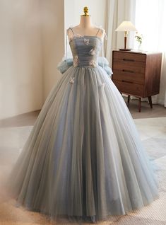 Prom Ball Gown With Spaghetti Straps And Fitted Bodice, Prom Ball Gown With Fitted Bodice And Spaghetti Straps, Spring Prom Ball Gown, Spring Ball Gown For Prom, Spaghetti Strap Ball Gown With Fitted Bodice For Prom, Prom Ball Gown With Corset Back, Spring Floor-length Ball Gown For Debutante Ball, Fitted Bodice Evening Dress For Debutante Ball In Spring, Spring Evening Dress With Fitted Bodice For Debutante Ball