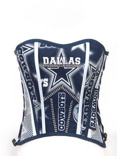 the back of a blue and white football corset