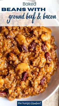 baked beans with ground beef and bacon in a bowl