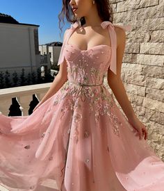 Pink Whimsical Dress, Teuta Matoshi Dresses, Matoshi Dress, Beaded Prom Dresses, Pink Strawberries, Teuta Matoshi, Chloe Dress, Spaghetti Strap Prom Dress, Garden Dress