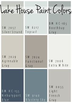 some gray and white paint colors with the words lake house paint colors