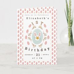 a birthday card with an image of a bunny on the front, and pink polka dots around it