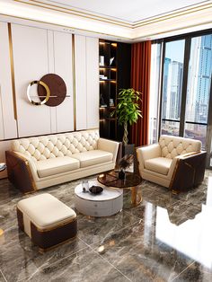 a living room filled with furniture next to a large glass window covered in gold trim