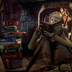 an animated character reading a book in front of a fireplace