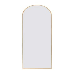 an arch shaped mirror with gold trim on the top and bottom, against a white background