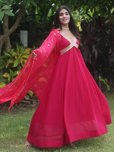 Introducing the enchanting pink embroidered georgette festival wear gown, a stunning addition to your ethnic wear collection. This gown features intricate zari sequin work and embroidered details that add a touch of glamour and elegance. The gown comes in a beautiful pink color that is perfect for festivals, events, receptions, or any special function.
The key features of this gown include a fully stitched design, available in sizes ranging from XS to XXL, a 3.5-meter flair, and a gown length of Pink Chinon Dress With Dabka Work, Festive Georgette Gown With Sheer Dupatta, Pink Dabka Work Kurta For Party Wear, Floor-length Chinon Gown With Sheer Dupatta, Diwali Georgette Gown With Sheer Dupatta, Party Wear Dresses With Gota Work In Traditional Drape, Pink Festive Party Wear Kurta, Festive Pink Party Wear Kurta, Festive Pink Chinon Dress