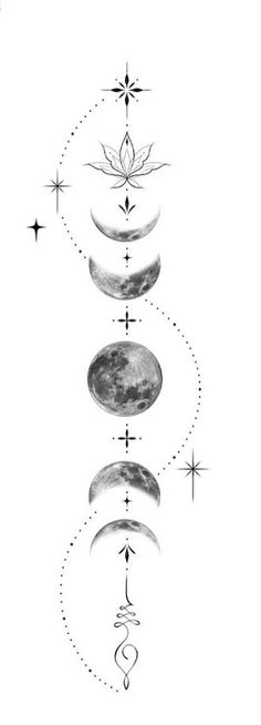 the phases of the moon and stars are drawn in black ink on white paper with an arrow