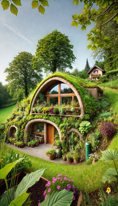 an unusual house with plants growing on the roof and windows in the middle of it