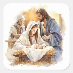 a watercolor painting of jesus in the manger scene with two women and a baby