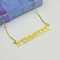 Roman Numeral Necaklce, Gold Roman Necklace, Customized Roman Numeral Necklace, Personalized Roman P Classic Engraved Necklace For Birthday, Classic Engraved Necklace For Birthday Gift, Classic Jewelry With Hallmarks For Birthday, Sterling Silver Necklace With Chain For Birthday, Classic Birthday Jewelry With Hallmarks, White Gold Pendant Necklace With Hallmarks, Classic Engraved Jewelry For Birthday Gift, Silver Jewelry With Hallmarks For Gifting, Classic Hallmarked Necklace For Birthday