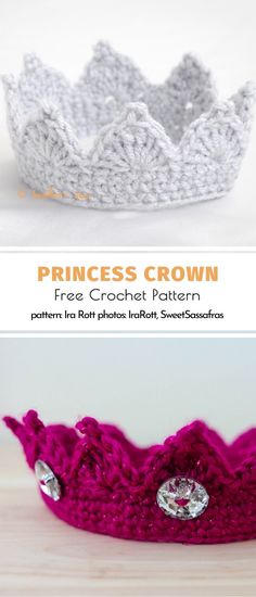 the crochet princess crown is shown in three different colors