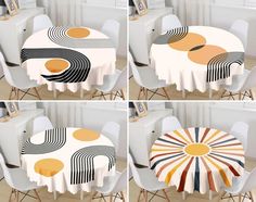 four different pictures of a table with white chairs and an orange, black, and yellow design on it