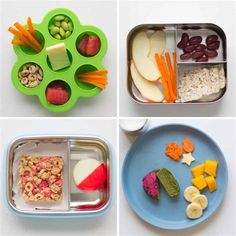 four pictures showing different compartments with food in them