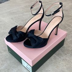 Nwt Kate Spade Bridal Bow Heels. Black Satin, Size 9.5. Buckle Closure At Ankle Strap. Topped With A Feminine Twisted Bow. 100% Kid Leather Lining. 4” Platform Heel. 1/2” Platform. Brand New In Box With Dust Bag. Pretty Heels Black, Bow Heels Black, Gold Pumps Heels, Kate Spade Clothes, Black Heels With Bow, Bridal Bow, Kate Spade Bridal, Kate Spade Heels, Kids Heels