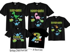 family dinosaur birthday shirts with the number two and three dinosaurs on them, all printed in different colors