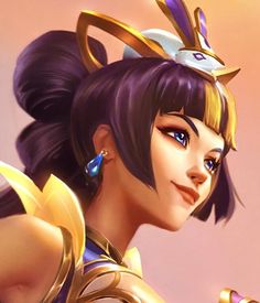 an image of a woman with purple hair and gold accessories on her head, looking to the side