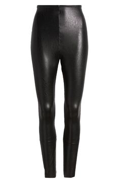 A high-waist silhouette and the brand's signature internal waistband bring ultimate comfort to a pair of sleek faux-leather leggings that fit like a glove. 26" inseam; 9" leg opening (size Medium) Pull-on style Stretch lining 97% viscose, 3% elastane with polyurethane coating Machine wash, line dry Imported Sleek High Stretch Faux Leather Leggings, Sleek Solid Color Faux Leather Leggings, Modern Fitted Leggings For Fall, Fitted Modern Leggings For Fall, Stretch Faux Leather Leggings For Work, Fitted Faux Leather Leggings, High Stretch Leather Leggings For Fall, Chic High Stretch Leather Pants For Fall, Sleek Tight Faux Leather Leggings