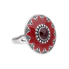 Antique silver-plated "pewter" (zinc-based alloy) ring features a large round design with red and dark red enamel in the center. Ring is ready to wear and size 10. Round Design, Everyday Jewelry, Dark Red, Ring Gift, Antique Silver, Silver Plate, Silver Plated, Ready To Wear, Plating