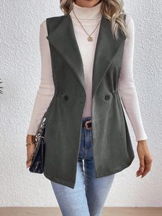 Gris Casual,Elegante Collar sin mangas Tela tricotada Liso Chaleco Embellished No-Elástico Suede Vest Outfit, Winter Mode Outfits, Plain Vest, Nyc Outfits, Smart Casual Work Outfit, Jeans Outfit Women, Europe Outfits, Women Coats, Open Front Jacket