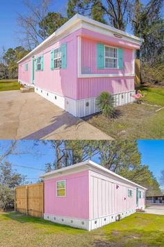 two pictures of a pink and white house with green shutters on the front, one in