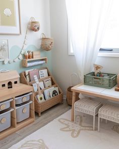 a child's playroom with toys and storage