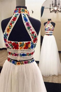 Two Piece High Neck Long Prom with Appliques Unique Sleeveless Party Dress - Prom Dresses Open Back Formal Dress, Prom Dresses Unique, Prom Dress Two Piece, White Prom Dress Long, Sukienki Maksi, Sleeveless Party Dress, Dresses Unique, Prom Dresses Two Piece, Elegant Prom Dresses