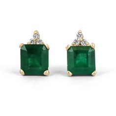 Elegance defined! These emerald and diamond earrings are fashioned in solid 14k yellow gold. These studs feature natural Asscher cut emeralds accented with natural white diamonds. The emeralds have a combined 2.81 total carat weight and a dark green hue that contrasts with the flashing fire of the diamonds. The brilliant round diamonds have a combined 11 points. Perfect for every day! Setting Style: Emerald & Diamond Studs Setting Weight: 2.0 grams Setting Material: 14K Yellow Gold  Main Stone: Classic Emerald Diamond Earrings Gia Certified, Classic Gia Certified Emerald Diamond Earrings, Formal Yellow Gold Diamond And Emerald Earrings, Classic Green Gia Certified Diamond Earrings, Classic Gia Certified Green Diamond Earrings, 14k Yellow Gold Diamond Gemstone Earrings, Classic Green Diamond Earrings, 14k Yellow Gold Diamond Earrings With Gemstone, Yellow Gold Diamond Gemstone Earrings In 14k