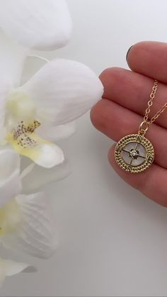 Gold Filled Pearl Compass Coin Necklace Mother of Pearl - Etsy Celestial Yellow Gold Jewelry With Compass Design, Spiritual Gold Jewelry With Star Charm, Dainty Jewelry With Compass Design For Gifts, Star-shaped Compass Design Necklace For Gift, Star-shaped Compass Necklace As Gift, Star-shaped Compass Design Necklace As Gift, Star-shaped Compass Necklace As A Gift, Star-shaped Compass Necklace Gift, Gold Medallion Jewelry With Star Charm