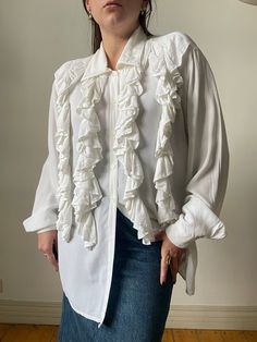 90s Vintage White Ruffle Blouse Elegant Poet Blouse With - Etsy Classic Long Sleeve Blouse With Ruffles, Classic Long Sleeve Ruffled Blouse, Oversized Long Sleeve Blouse With Ruffles, White Billowy Long Sleeve Tops, Classic Long Sleeve Tops With Ruffles, Classic Long Sleeve Shirt With Ruffles, Fall White Shirt With Ruffles, Fall White Ruffled Shirt, Fitted White Shirt