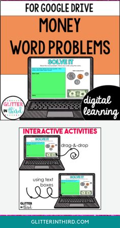 two laptops with the words google drive, money word problems and interactive activities