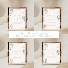 four photos of baby shower signs in wooden frames