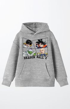 Go super Saiyan and celebrate your favorite anime characters with this Dragon Ball Z sweatshirt. The hoodie features images of Gohan, Goku, Piccolo, and Krillin in irregularly shaped frames while black letters below spell out the series title. The sweatshirt comes in athletic heather with a double-lined hood and a large pouch pocket. Solid color hoodieLong sleevesAttached hoodCustom graphicKangaroo pocketRibbed cuffs and hemMachine washable PacSun Kids Dragon Ball Z Characters Hoodie - Grey size Dragon Ball Z Characters, Large Pouch, Super Saiyan, Black Letter, Kids Branding, Grey Hoodie, Dragon Ball Z, Pacsun, Long Sleeve Hoodie