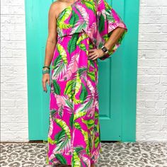 Nwt Bought From A Boutique And Can’t Return. Brand Is Pictured. Bright Vibrant Color Scheme And Very Light Weight Casual Pink One-shoulder Maxi Dress, Pink Tropical Holiday Dress, Pink Tropical Dress For Holiday, Cutout Gown, Tommy Bahama Dress, Boutique Maxi Dresses, High Low Midi Dress, Ivory Lace Dress, Floral Babydoll Dress