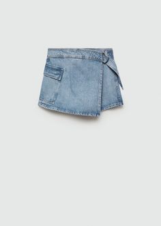 Denim skort - Woman | MANGO USA Belted Denim Blue Cotton Bottoms, Mid-rise Cotton Denim Skirt With Belt Loops, Denim Blue Cotton Skirt With Belt Loops, High Rise Cotton Skirt With Belt Loops, Chic Mid-rise Skort With Pockets, High Waist Cotton Mini Skirt With Belt Loops, Denim Skort With Belt Loops In Short Length, Denim Skort With Belt Loops Short Length, Denim Skort With Belt Loops