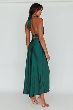 Shop the Sonoma Halterneck Faux Wrap Twist Back Maxi Dress Forest Green | Selfie Leslie Forest Green Satin Dress, Green Winter Formal Dress, Birthday Soiree, Forest Green Dress, Side Twist, Matric Dance, Statement Heels, Selfie Leslie, Prom 2024